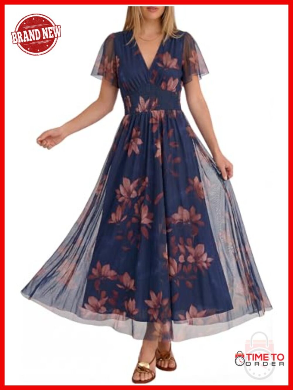 Women's Floral Tulle Short Sleeve V-Neck Maxi Dress Wedding Guest